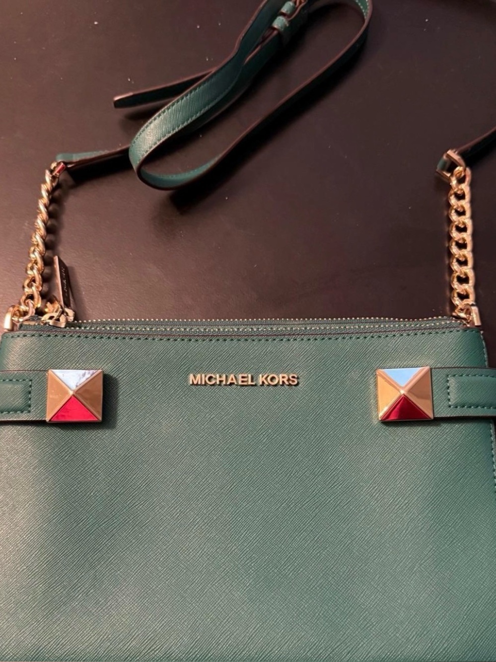 Michael Kors Green Crossbody with Gold Chain and Multicolor Studs